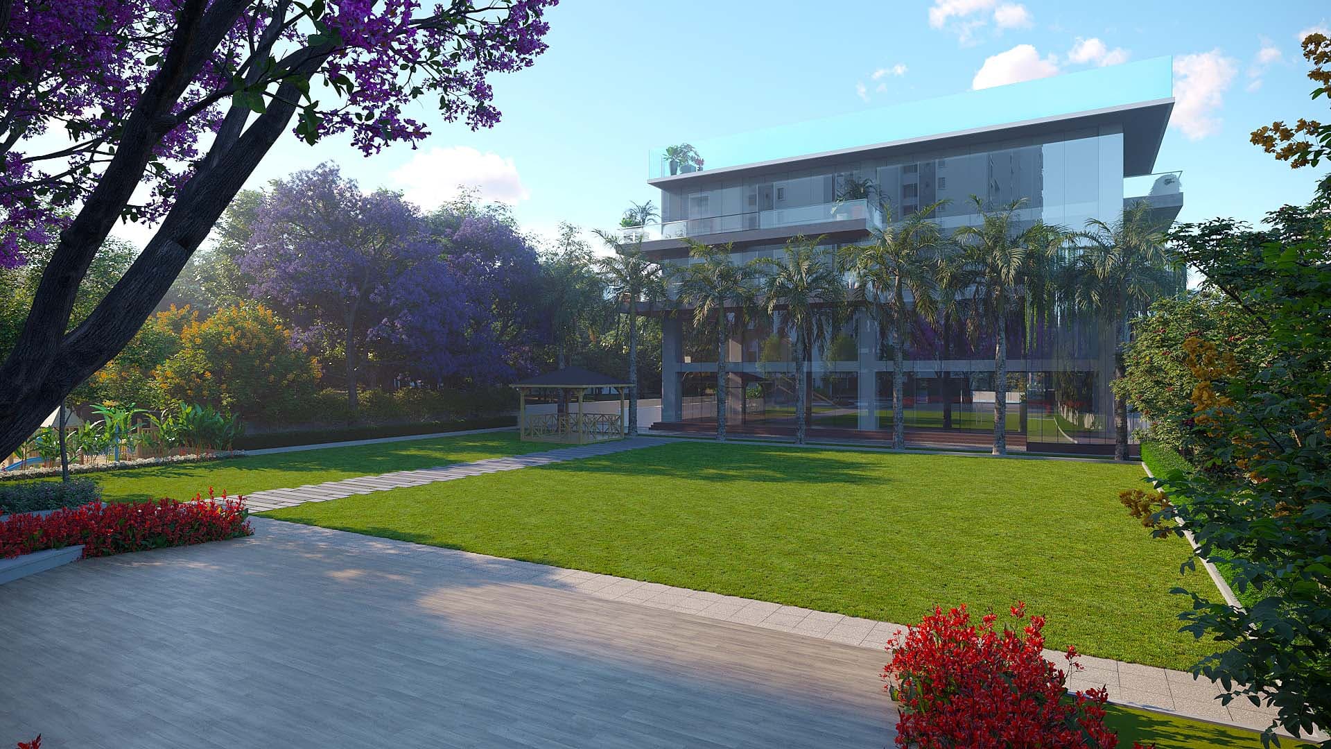 SBR One Residence clubhouse pavilion beside the open party lawn