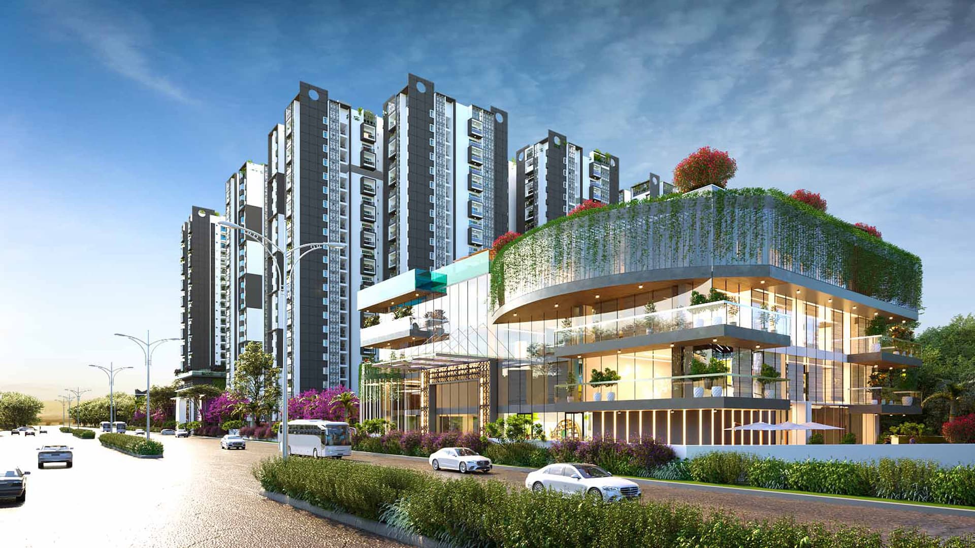 SBR One Residence, towers and green clubhouse at Hope Farm, Whitefield